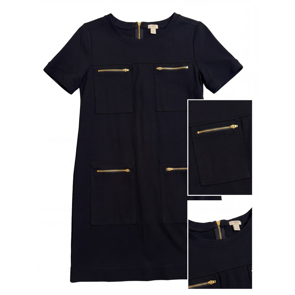 J.Crew Womens Black Ponte Shift Dress Gold Zipper Pockets Size 8 Short Sleeve - Picture 1 of 4